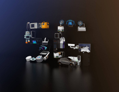 藍(lán)色背景上的智能設(shè)備?；ヂ?lián)網(wǎng)的東西和家庭自動(dòng)化的概念。消費(fèi)產(chǎn)品。3d 渲染圖像